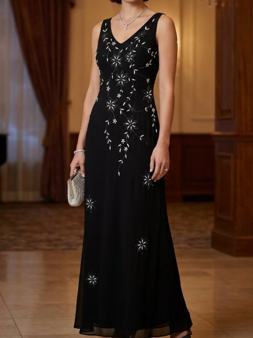 La Cache Couture Women's Black Maxi Dress Gown Embroidery Eveningwear Formal